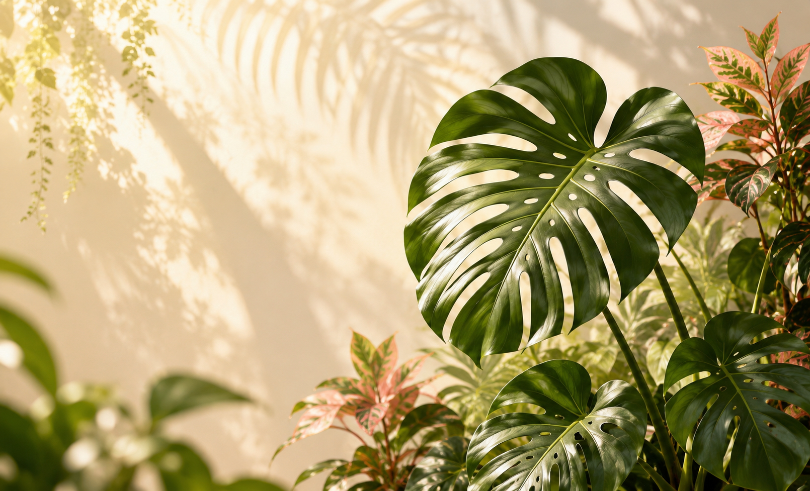 Monstera leaves in a warm botanical composition